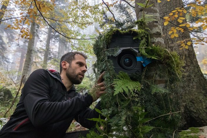 Fotograf baut eine Fotofalle auf