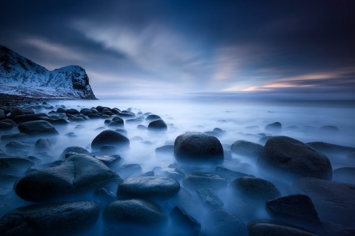 Langzeitbelichtung am Unstad Beach, Lofoten, Norwegen