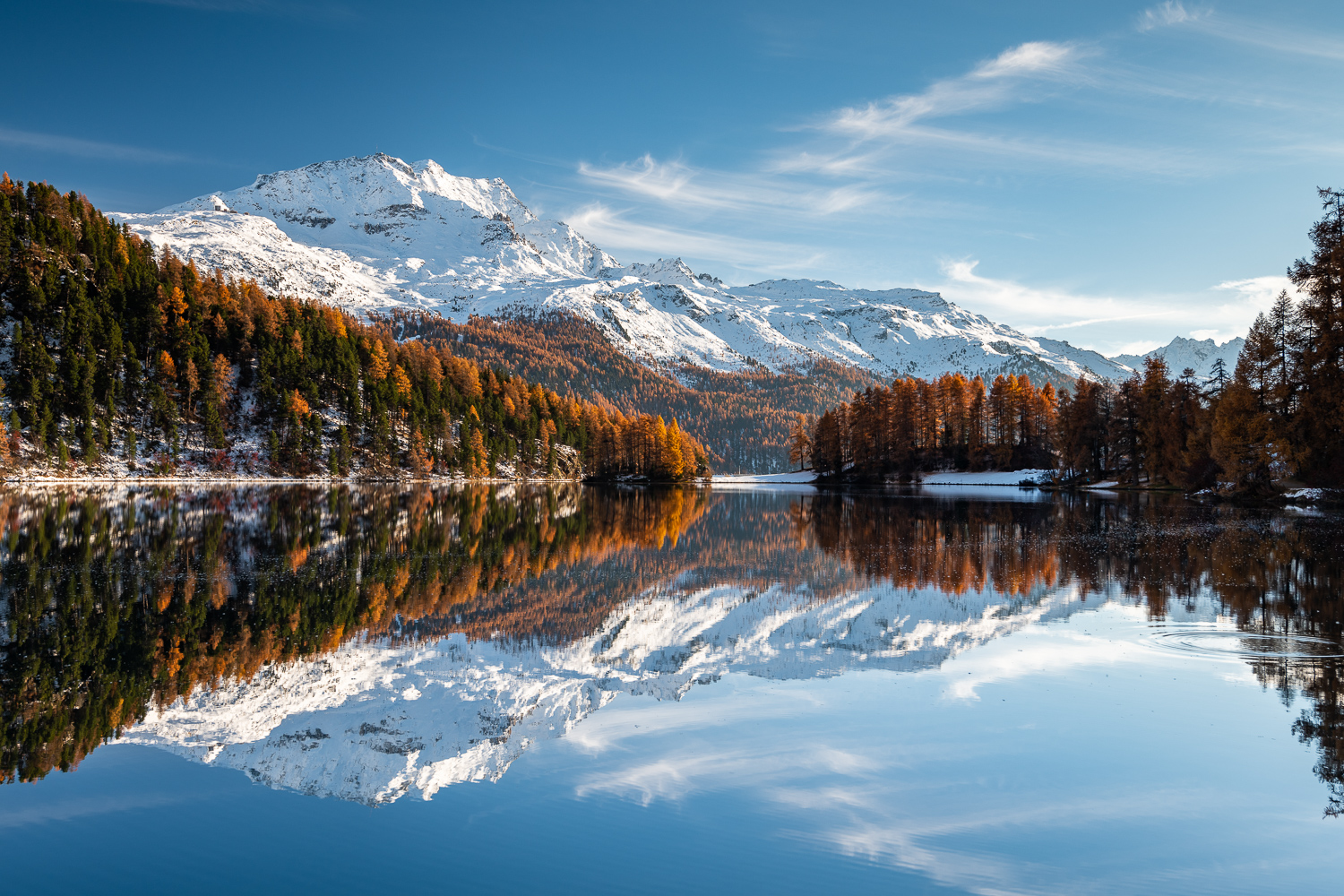 Spiegelung im Silvaplanersee, Landschaftsfotografie im Engadin, Schweiz