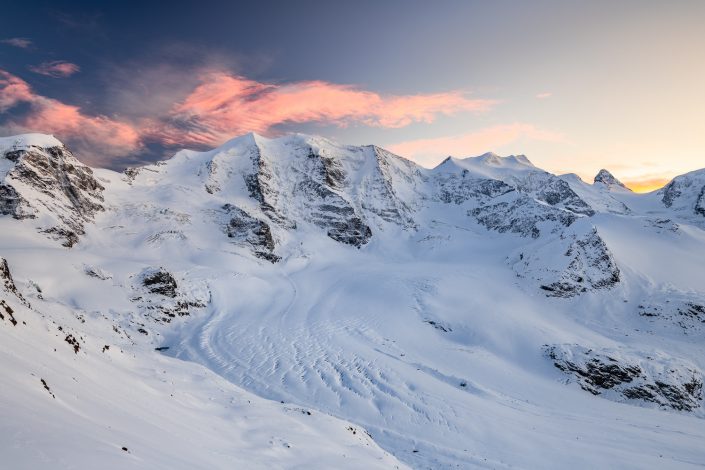Persgletscher, Morteratschgletscher und Berninagruppe bei Sonnenuntergang, Diavolezza, Engadin, Schweiz