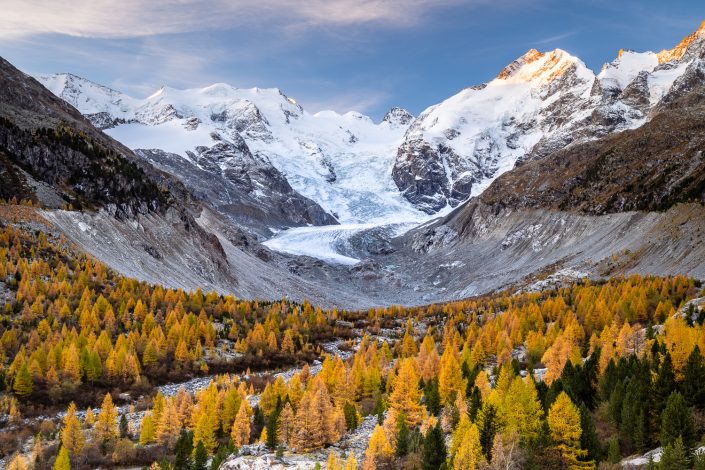 Herbstliches Morteratschtal mit Morteratschgletscher, Engadin, Schweiz