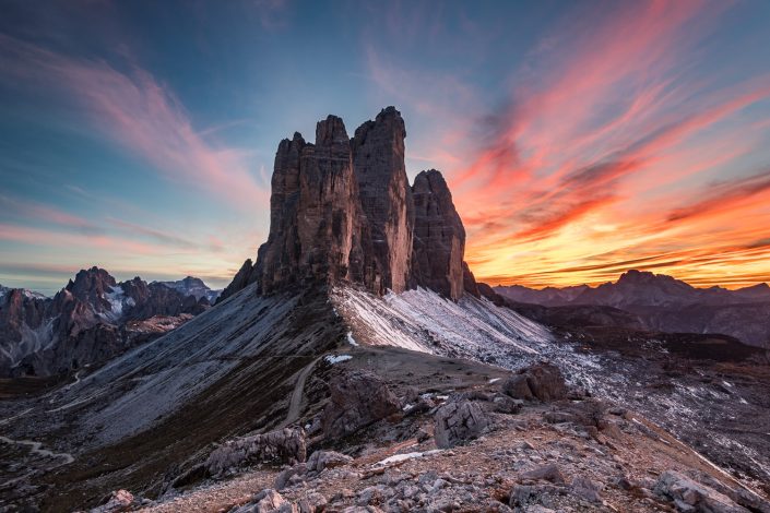 Landschaftsfoto Drei Zinnen, Sonnenuntergang, Dolomiten, Alpen