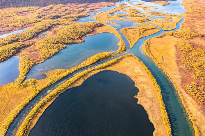 herbstliches Flussdelta, Nikkaluokta, Lappland, Schweden