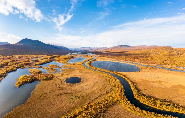 herbstliches Flussdelta, Nikkaluokta, Lappland, Schweden